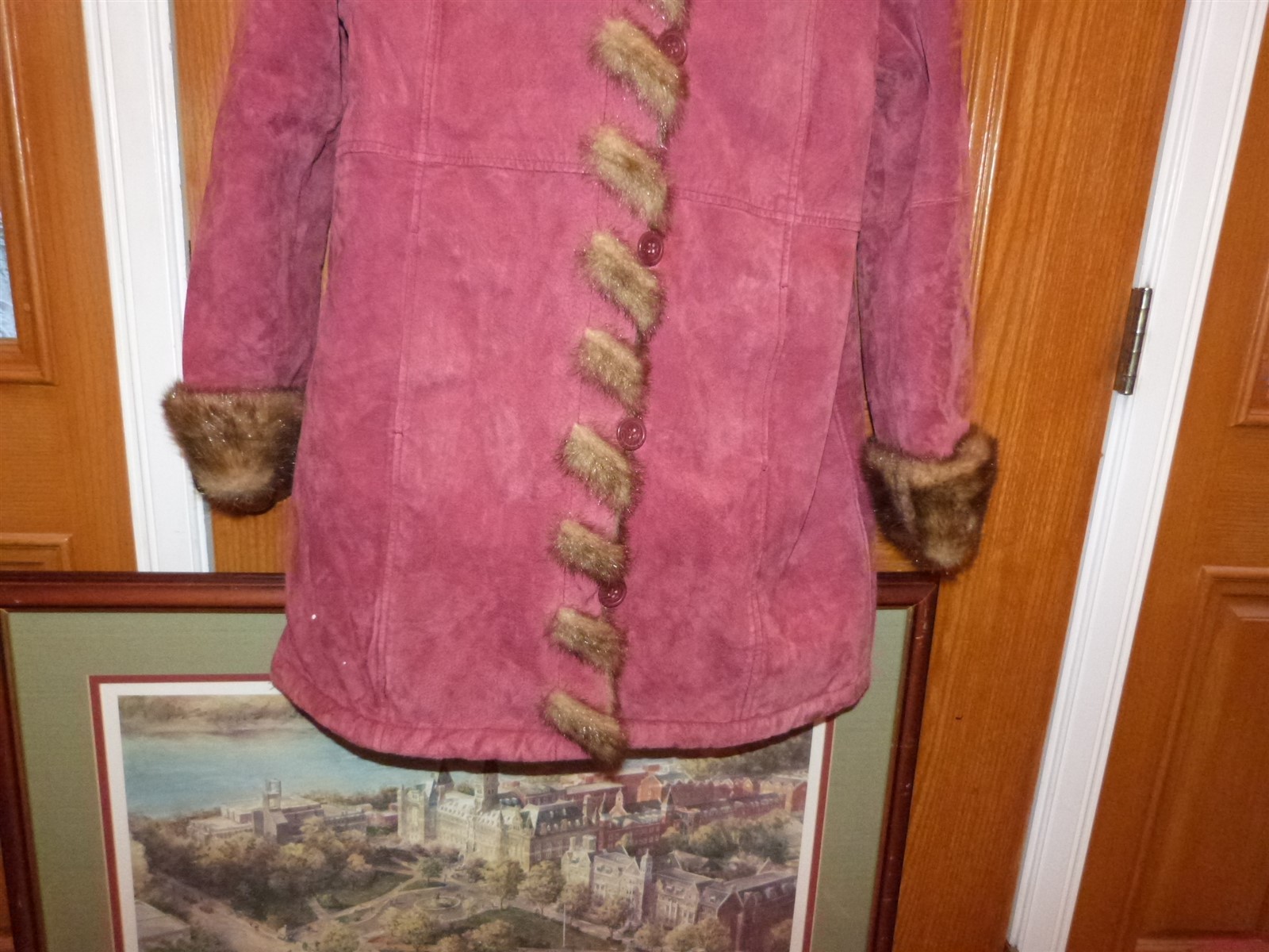 Dennis Basso suede coat vintage 1990s faux fur red Burgundy Maroon wine hood W L