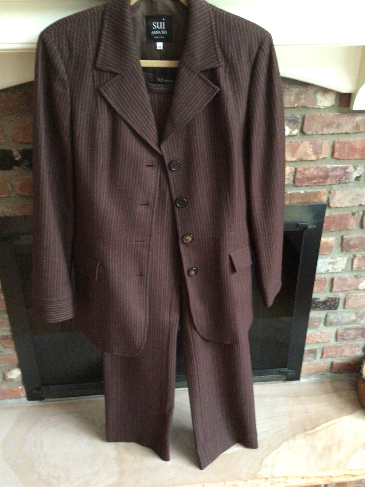 SUI ANNA SUI Brown Pinstriped WOOL Blend 2 PC PANTSUIT Sz 44(8/10)US
