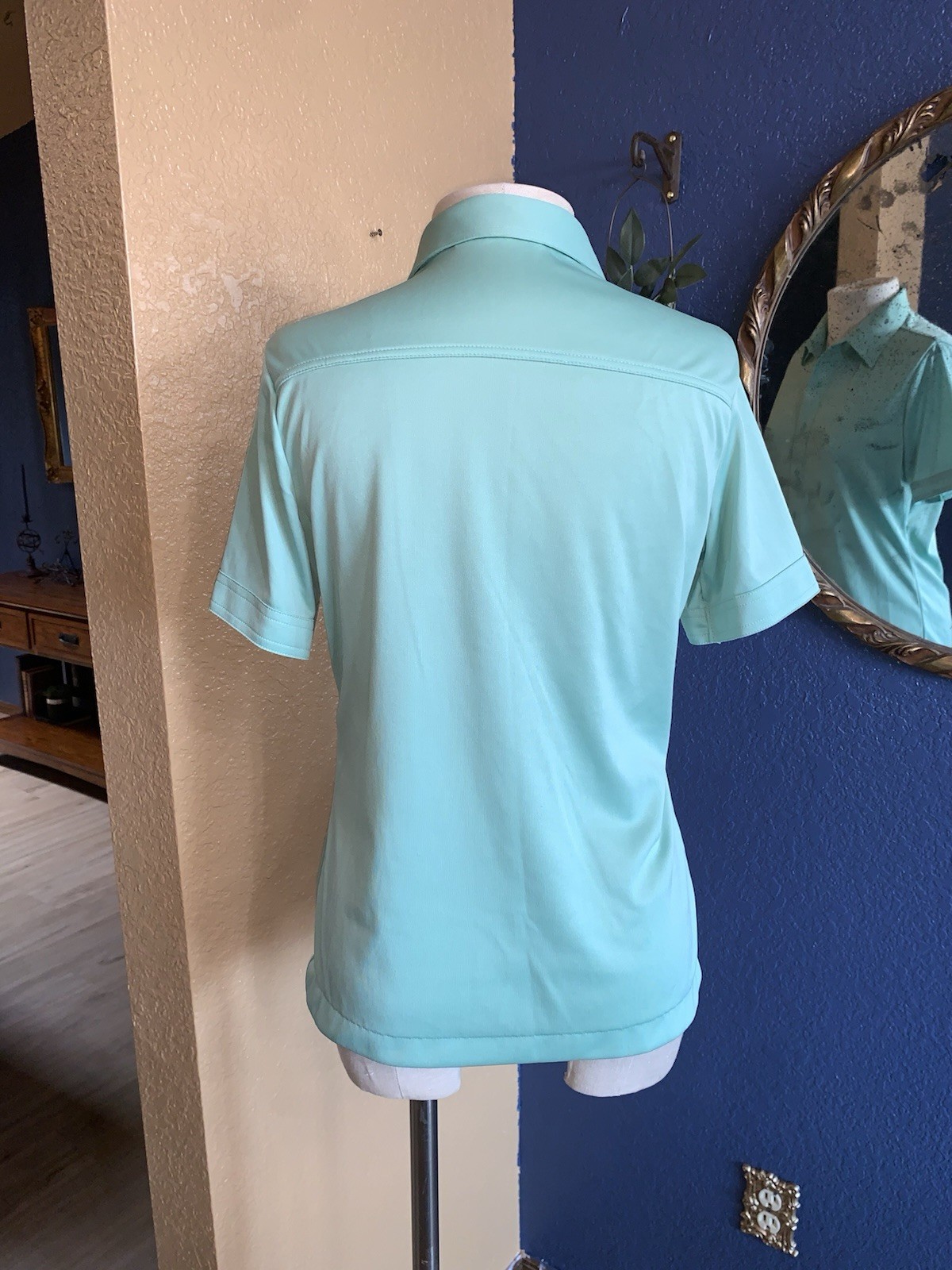 C1 80s Mint Green Button Up Blouse Short Sleeve Pointed Collar SZ 16 M/L SEARS