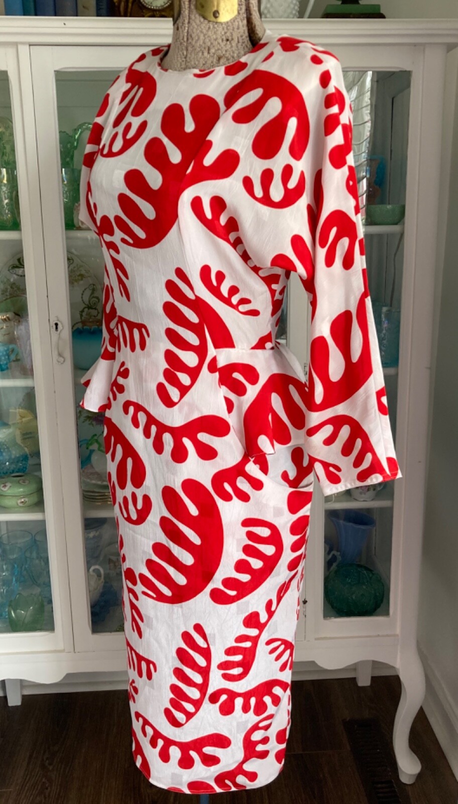 Vtg 80s Billy Jack For Her White & Red Amoeba Midi Dress Wiggle Peplum S 32 Retr