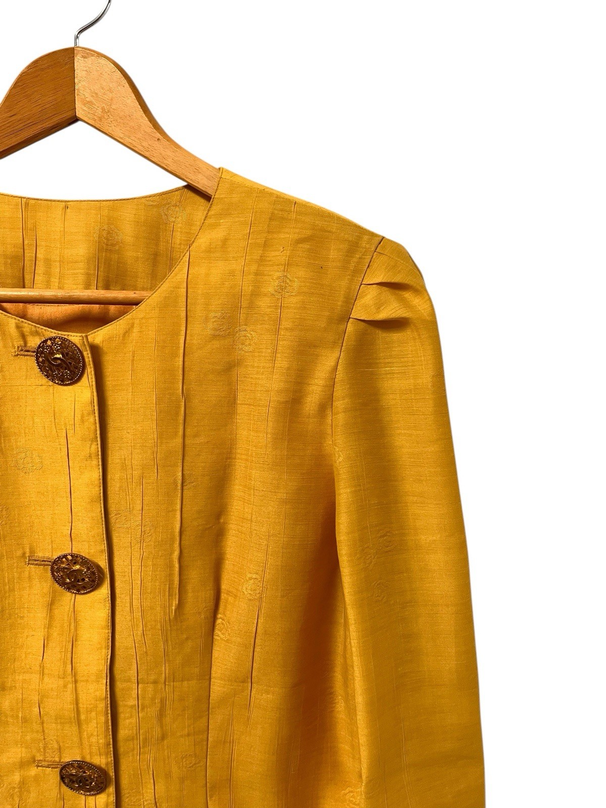 Vintage Bespoke Tailored Jacket Yellow Camellia Floral Buttons Women’s Medium