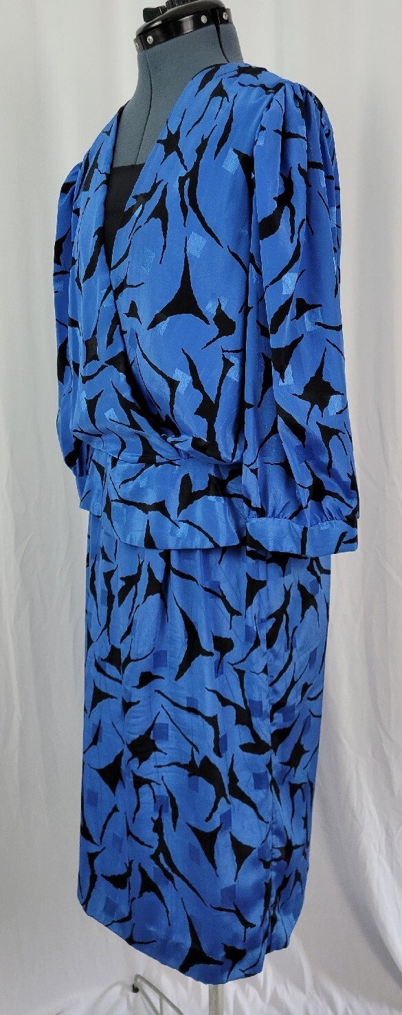 Vintage Blue & Black Dress w Wrap/Peplum Bodice Size L?