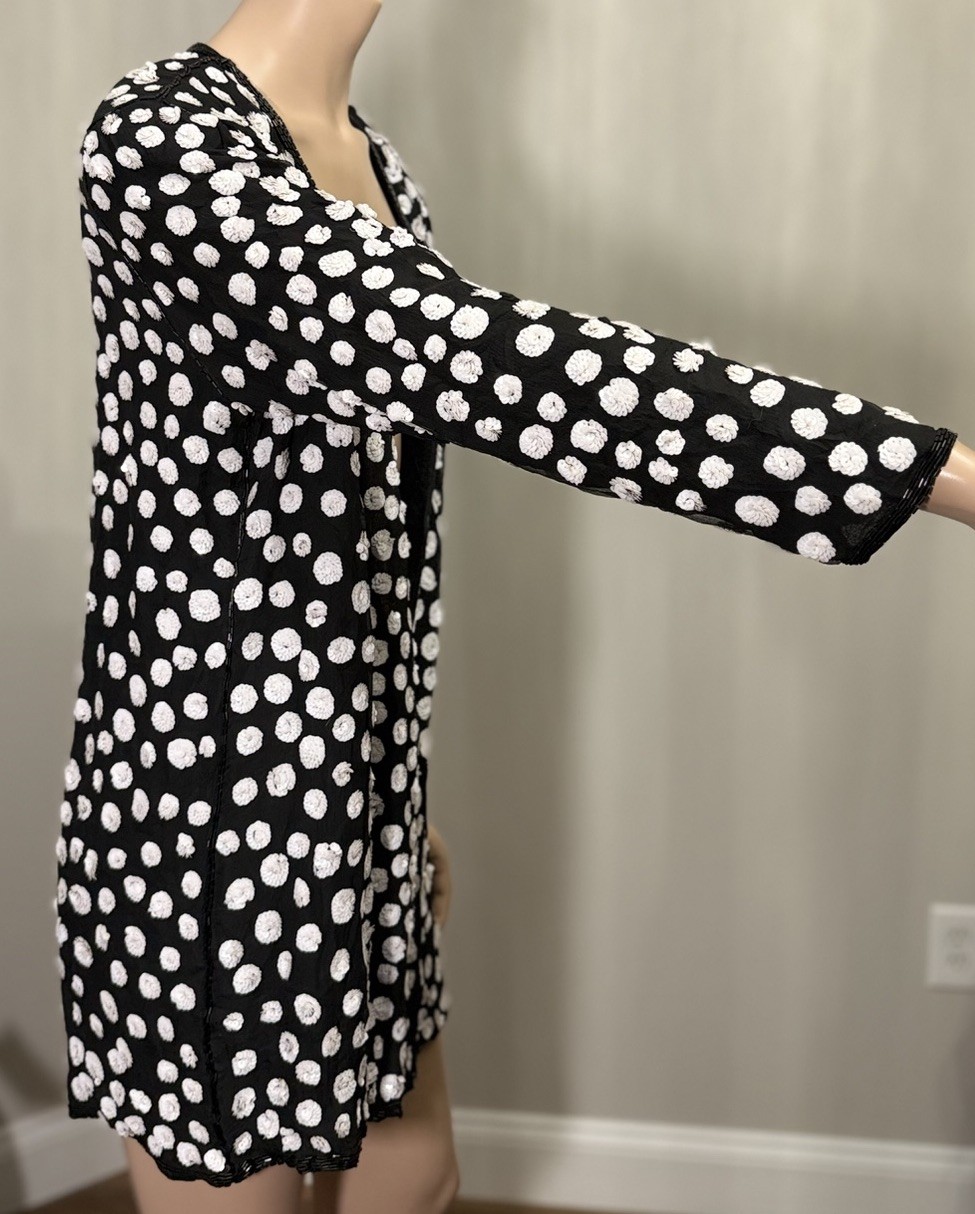 Vtg Judith Ann Creations 100% Silk Beaded Sequin Jacket Black White Polka Dot M