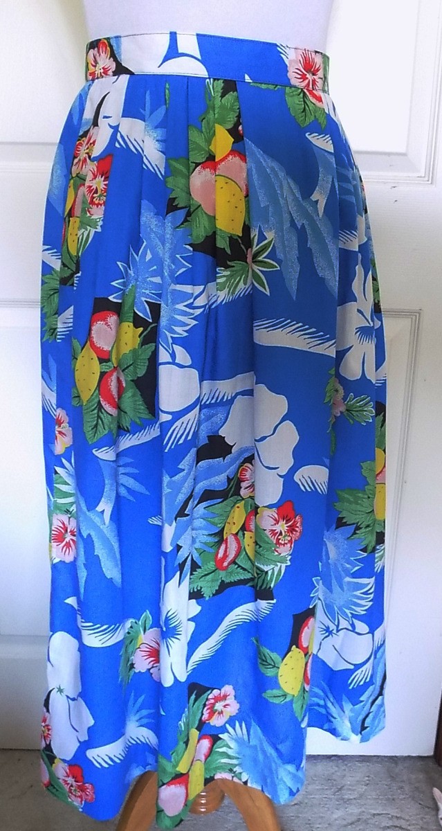 Vintage 70s Blue Tropical Print Cotton Blend Skirt Joyce Sportswear W30 15/16