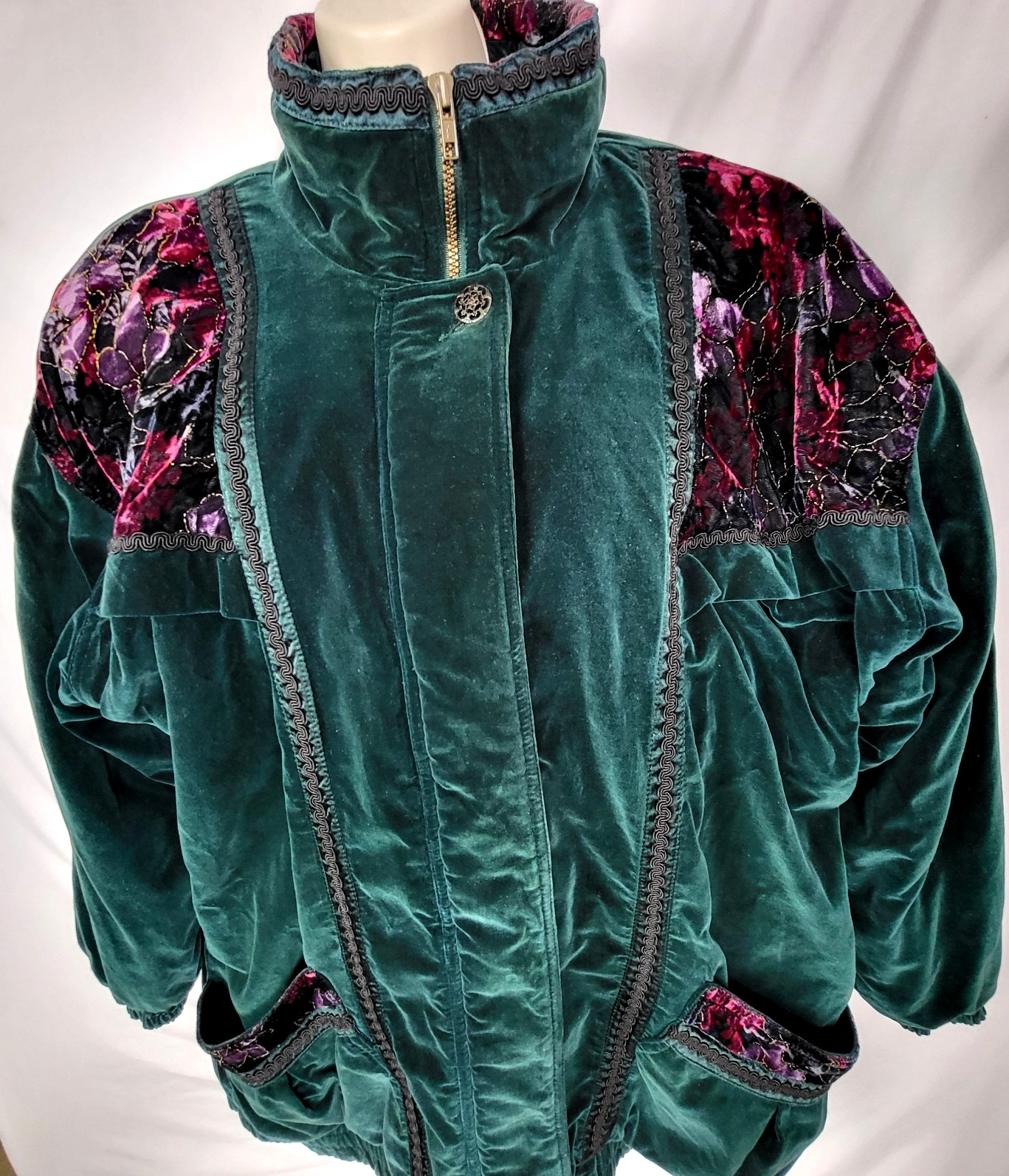 Current Seen Coat Women’s L Floral Green Velvet Full Zip Insulated Vintage 80s