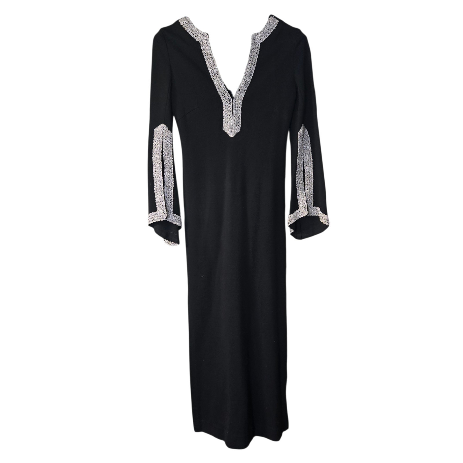Vintage Maxi Dress Silver Trim Goth Cocktail 60s 70s Side Slits Handmade Size M