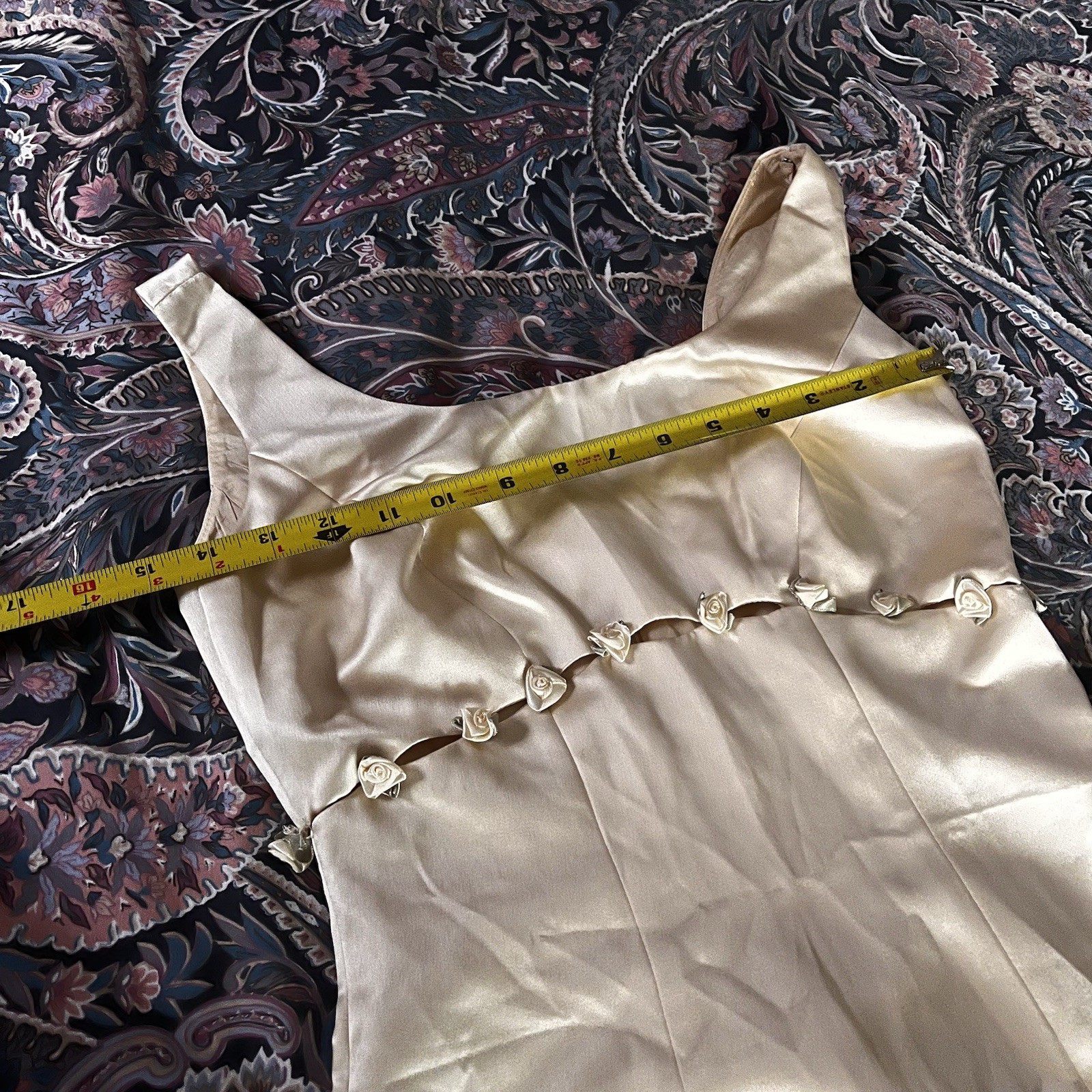 Cache 90s Rare Champagne Waist Cutout Roses Vintage Satin Mini Dress Sleeveless