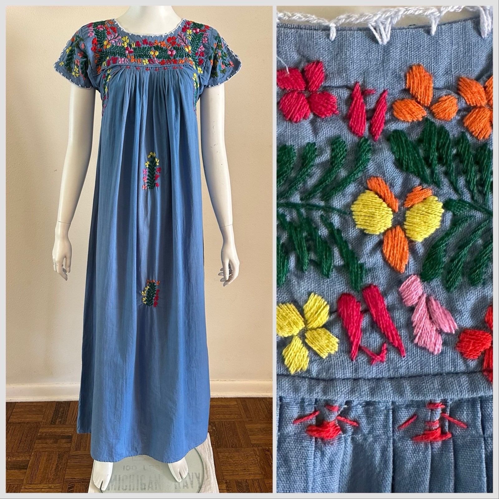 1970s Blue Cotton Oaxacan Mexican Huipil Dress Embroidered Floral Maxi Sz S VTG