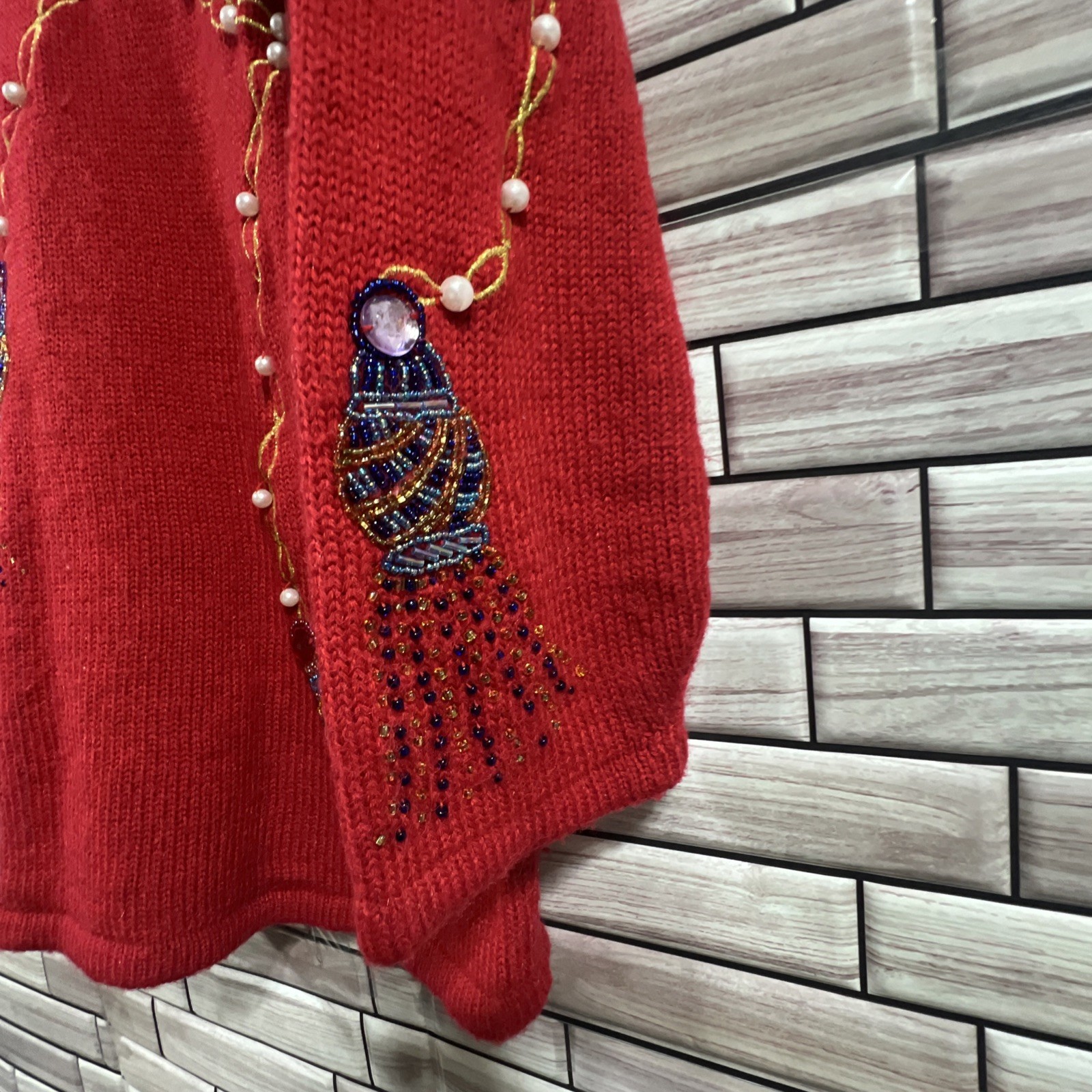 VTG Western Connection womens S tunic Sweater Red pearls beaded v neck 80s Retro