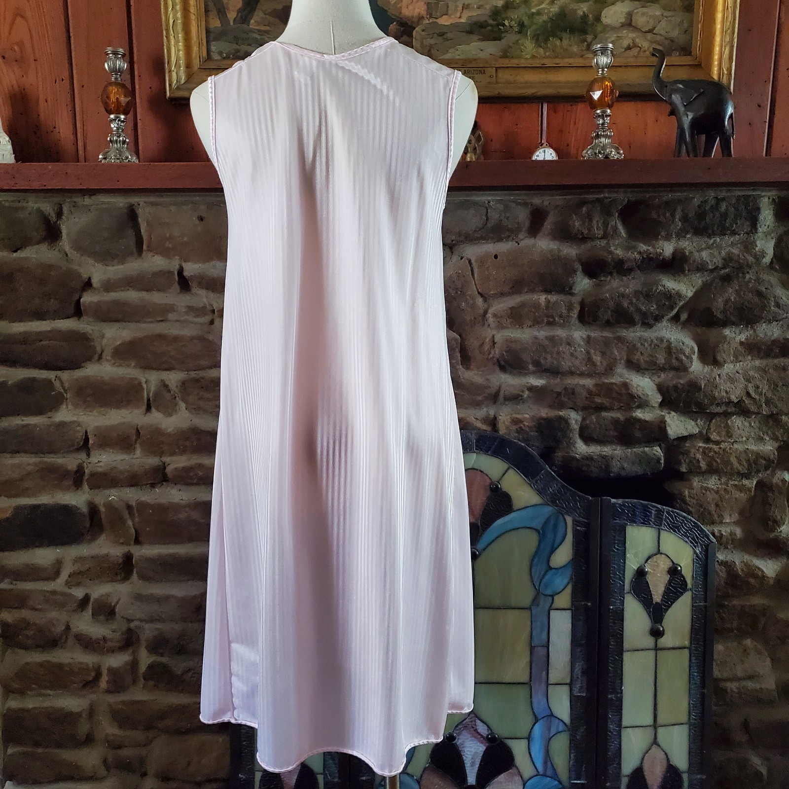 Vintage Sidney Bernstein USA Pink Nylon Nightgown Womens Small Shadow Stripe S