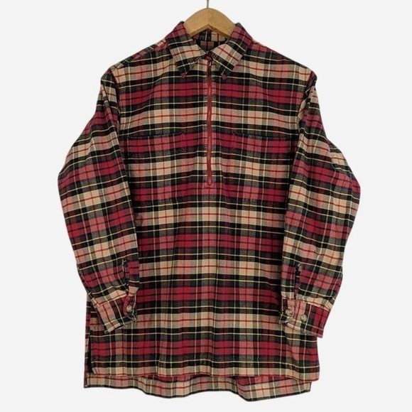 Vintage Eddie Bauer Red Plaid Half Zip Flannel Pullover Small