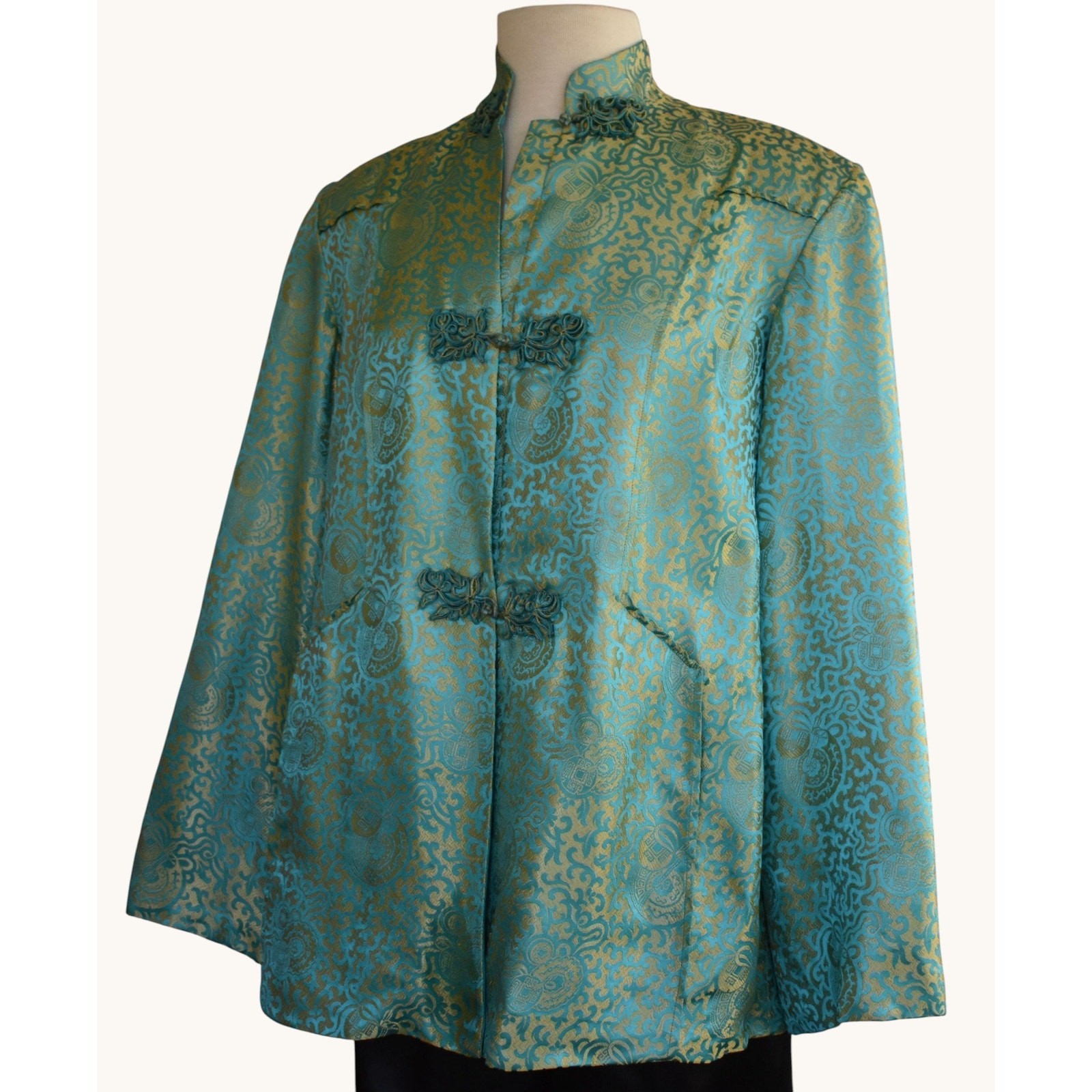 Vintage 60s Silk Jacquard Asian Jacket, Aqua Blue and Gold, Size L Large