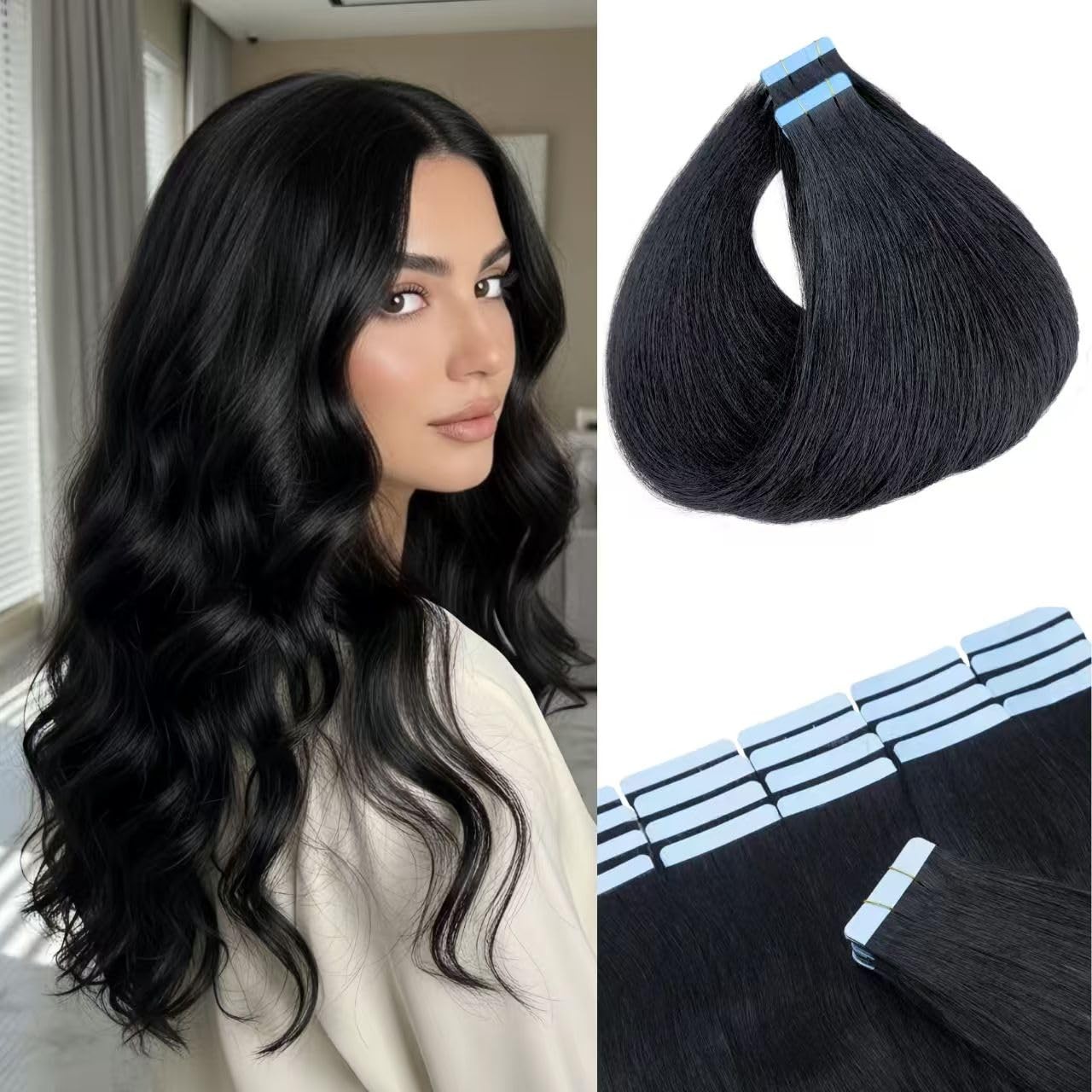 Jet Black Tape-In Human Hair Extensions Invisible Silky Remy Hair Long