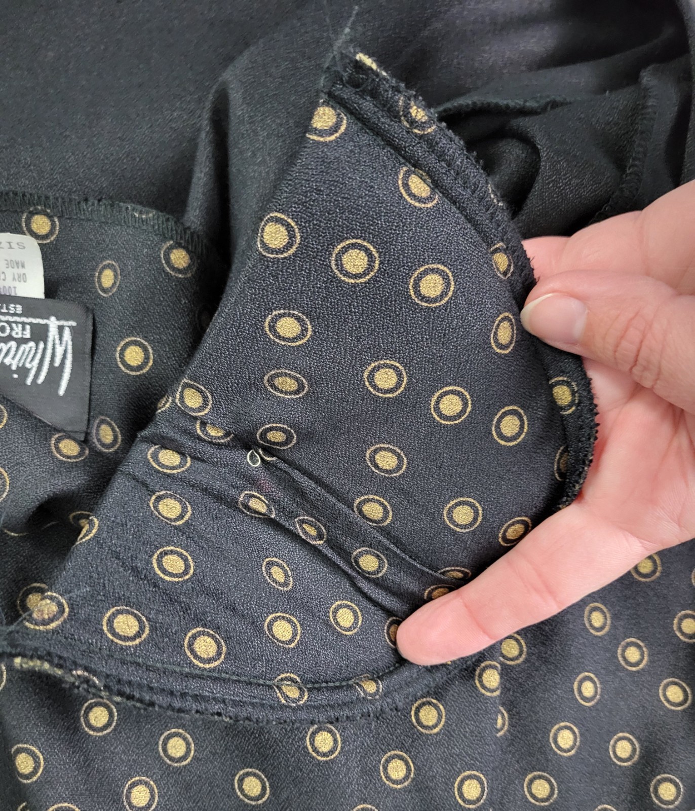 Vtg Whirlaway Frocks Black Sheath Dress w Gold Pattern, Belt & Dickey Size 14