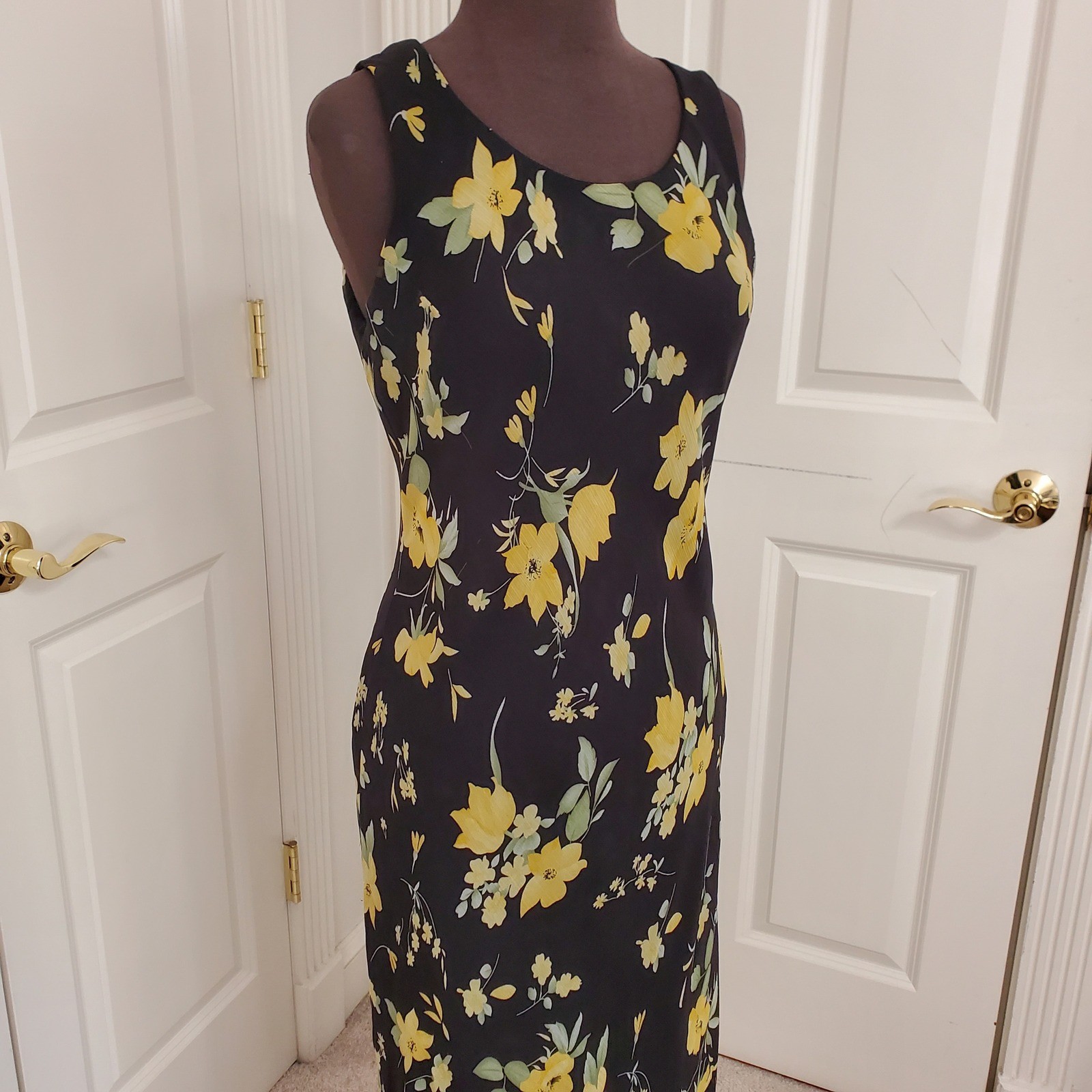 Vintage 90s Cottagecore Floral Bias Cut Maxi Dress Black Yellow Sz 10 Studio I