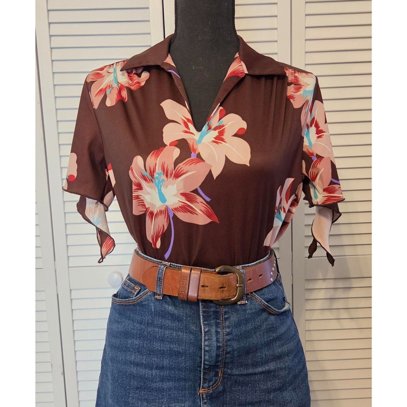 Vintage Brown Floral Rayon Blouse-Handkerchief Sleeves, Sz Med