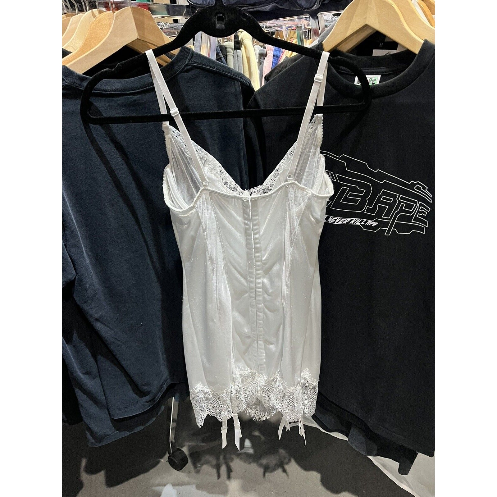 Vintage 90s Y2K Dream Girl White Wired Bustier Cut Out Mesh Sided Garter Dress L