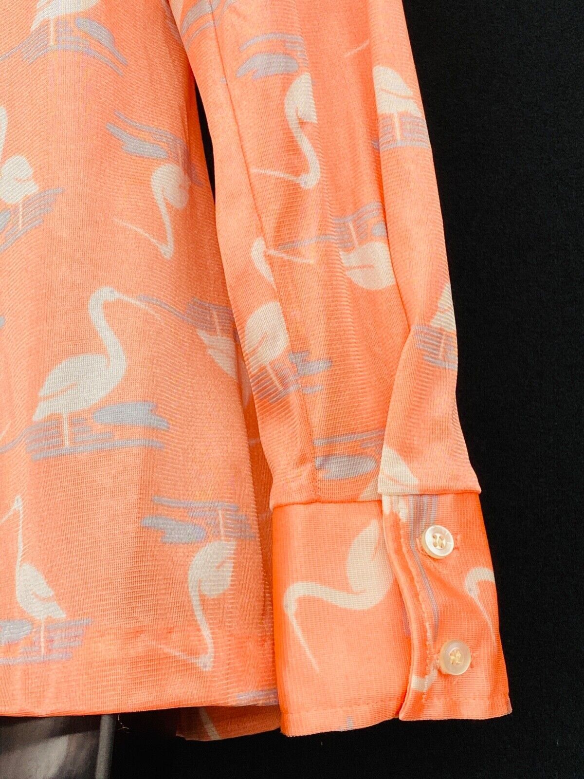 Vintage 1970s pink novelty print shirt, orange heron bird blouse deadstock disco