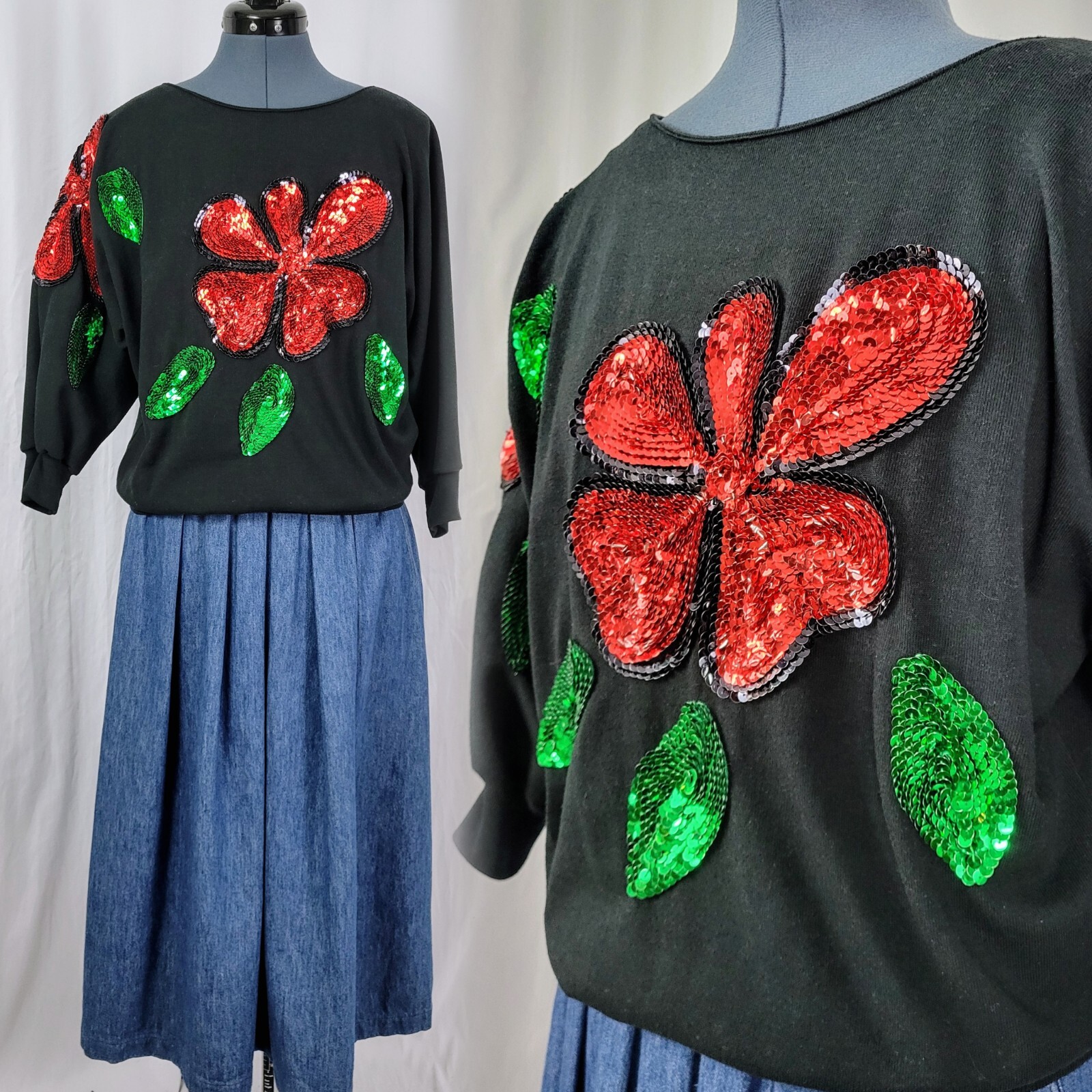Vtg Bonnie & Bill Black Knit Batwing Top w Red/Green Sequined Flowers Size M