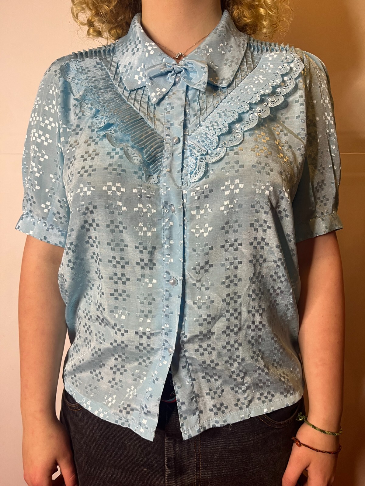 Vintage 1980s Collared Blouse Lace Ruffles Bow Detail Pearl Buttons AU 14