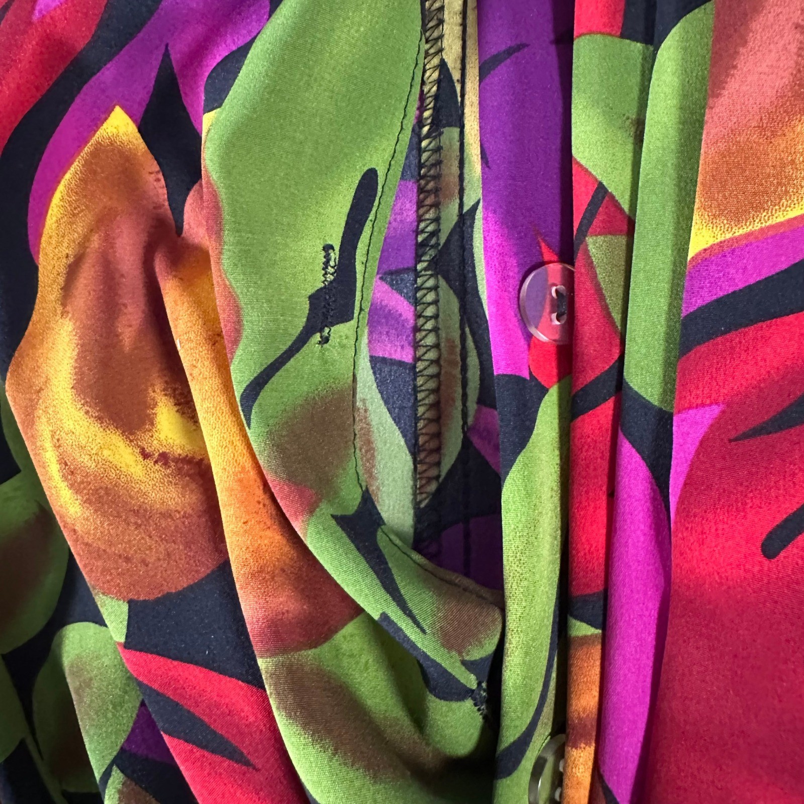 Vintage Tess Dress Womens 8 Tropical Leaf Print Midi V-Neck Elastic Waist 80s