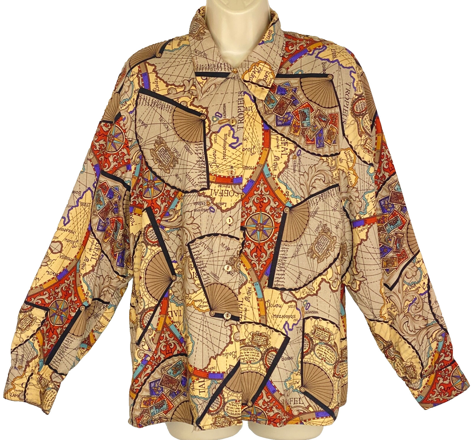 Vintage 1990s novelty print blouse, antique maps stamps world rayon VILLAGER M