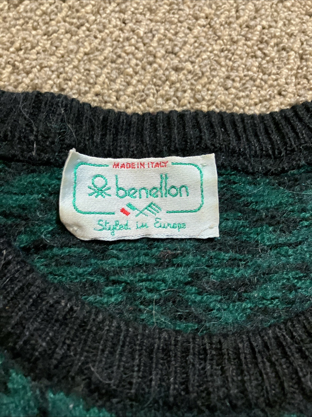 Vintage Early 1980’s Benetton Sweater Green Blue Black Purple Made in Italy