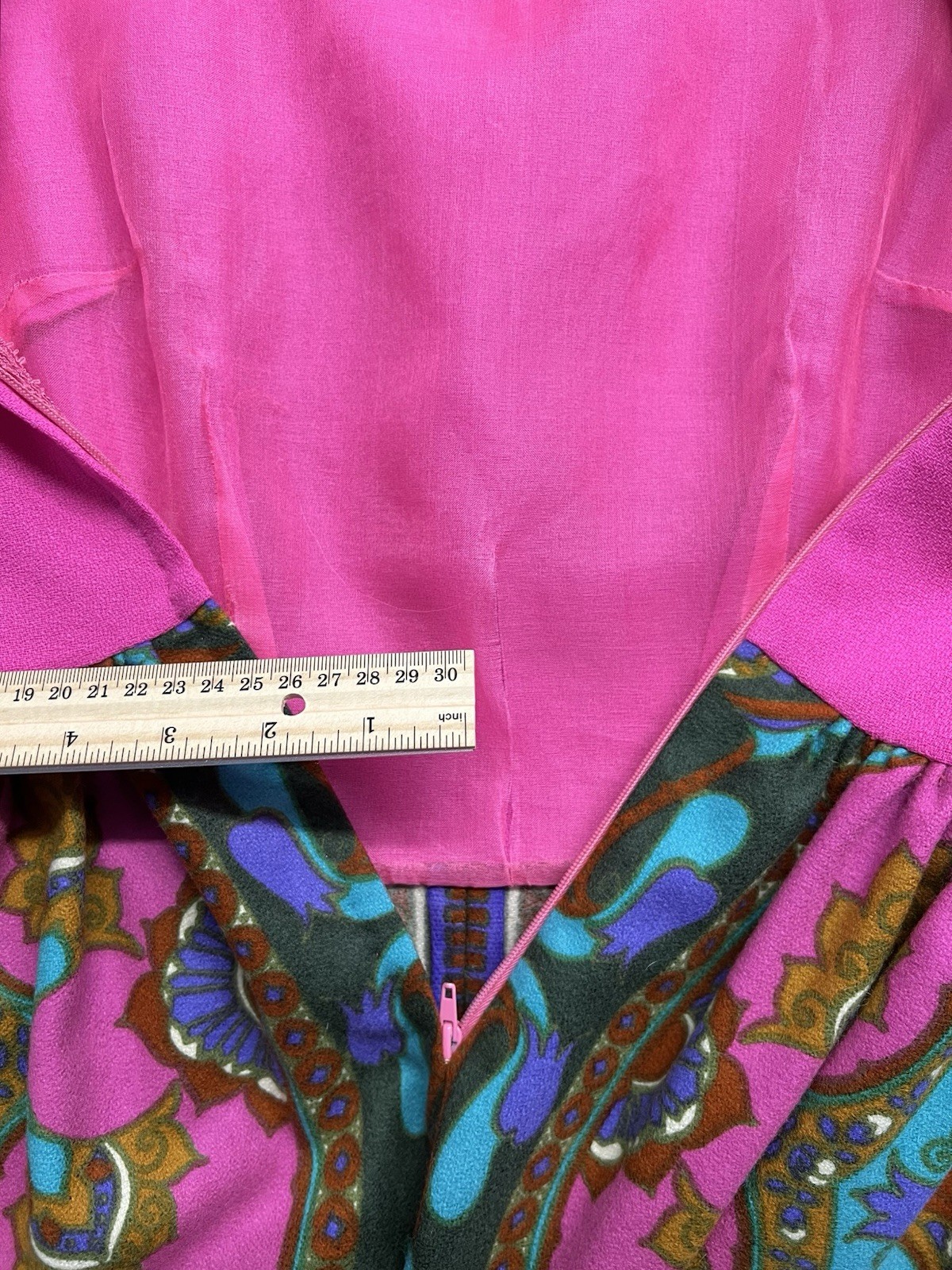 006 1960s Psychedelic long sleeve dress, magenta multi Rebecca size S VG!