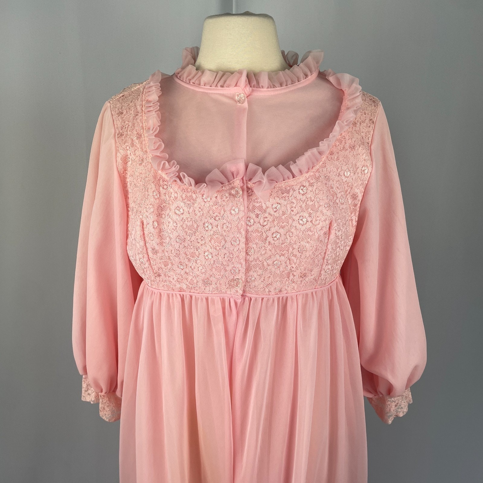 Vintage 70s Peignoir Set Large Pink Sheer Chiffon Lace Lingerie Babydoll 2 Piece