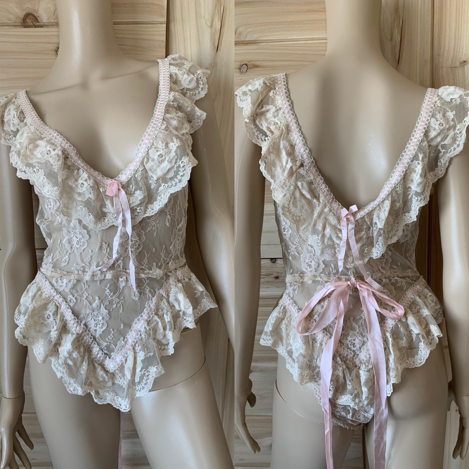 Vintage 70s 80s Designer Emil Bole Tan Beige nude Floral Lace Teddy W Ribbons