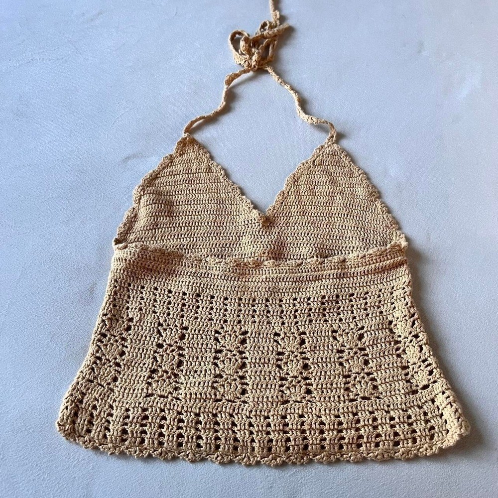 Anchor Blue crochet haltertop seashell button Y2K summer boho hippie vintage