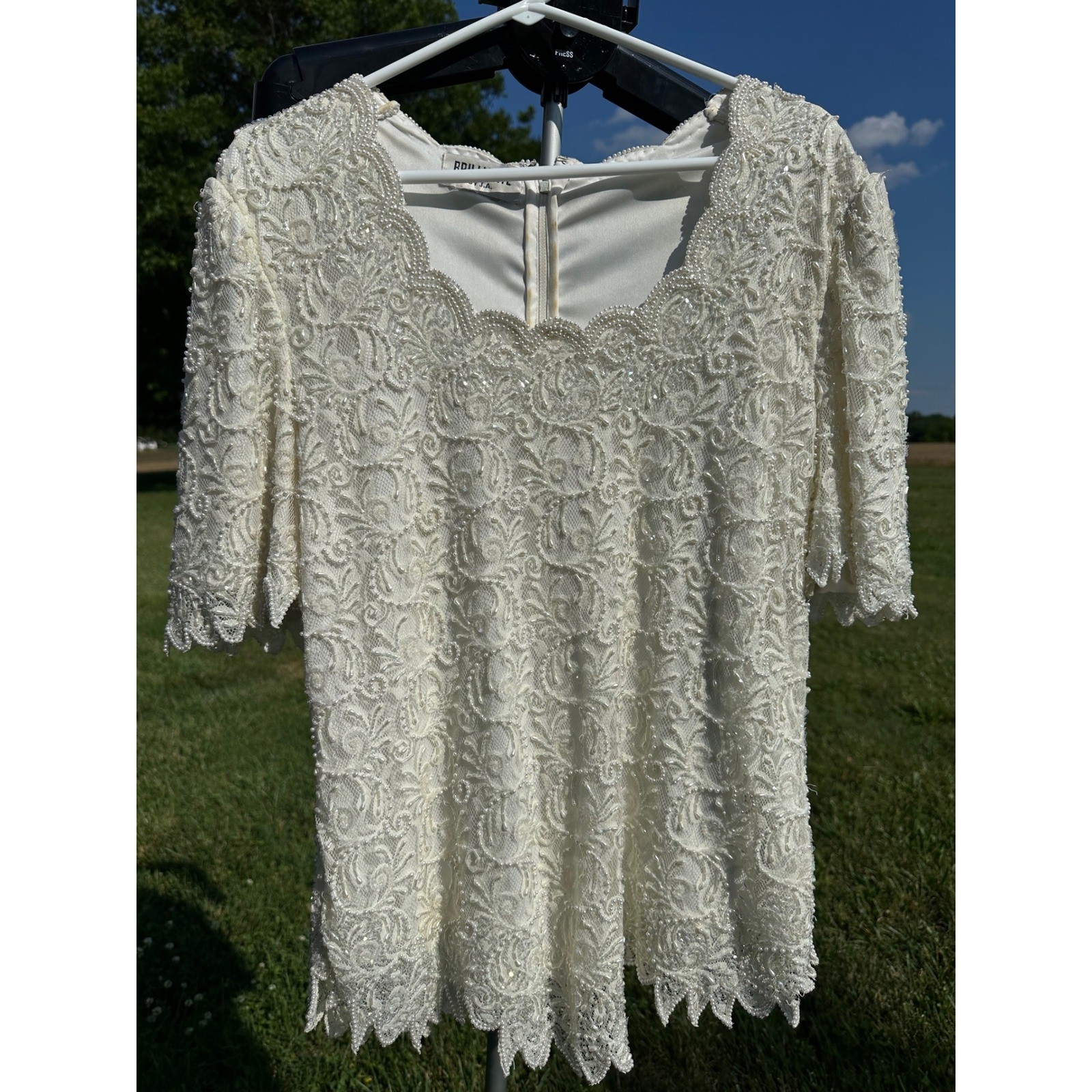 Brilliante by JA Vintage Beaded Sequin Lace Top Ivory Pearl Bridal Evening Sz L