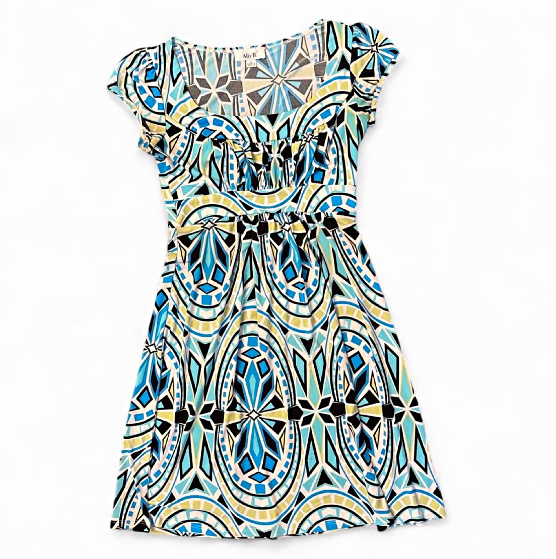 Ally B. Fit & Flare Geometric Dress Blue/White/Black/Green/Gray Scoop Neck S