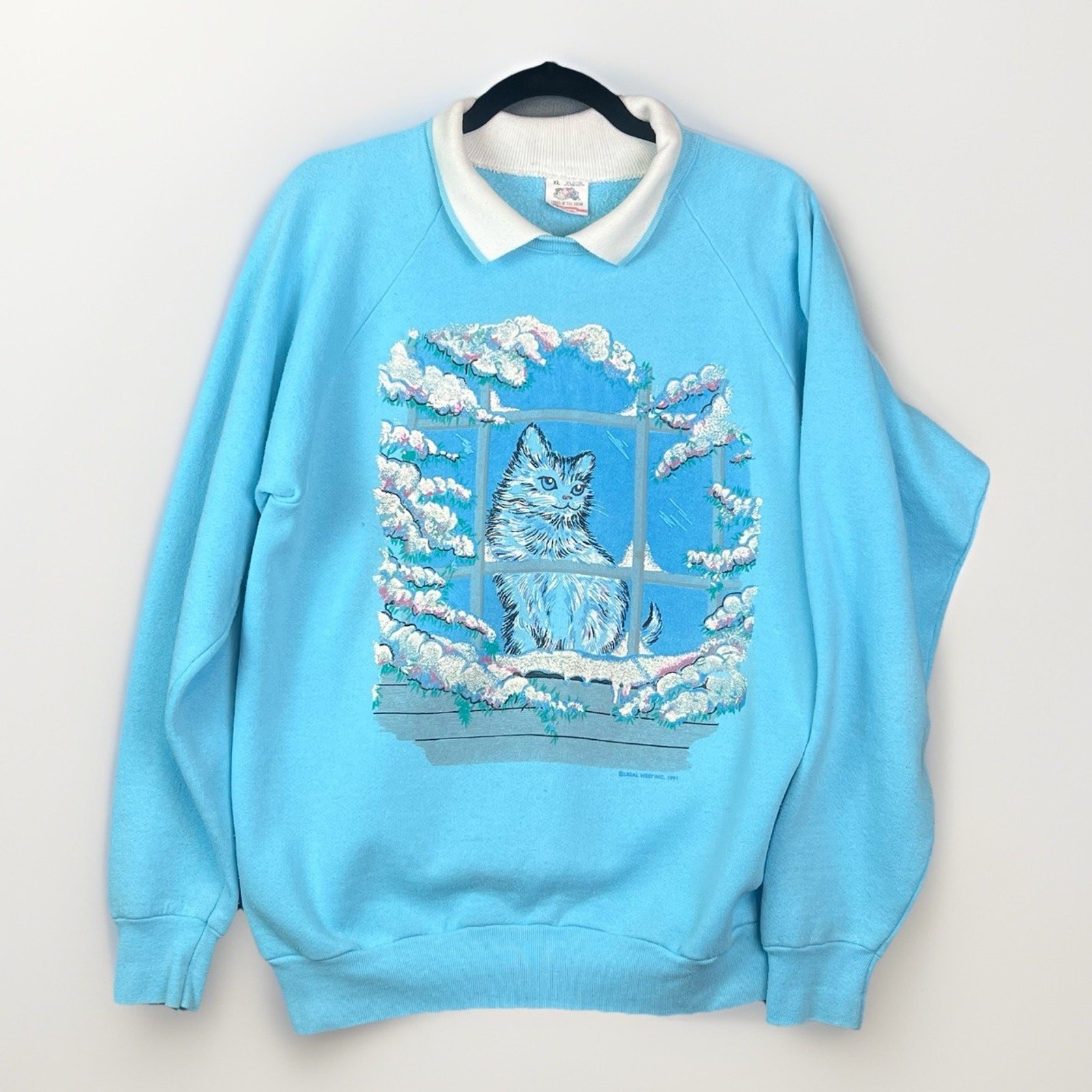 VTG 1991 Kitty Cat Winter Sweatshirt Sz XL Blue Collared Puffy Paint Collared