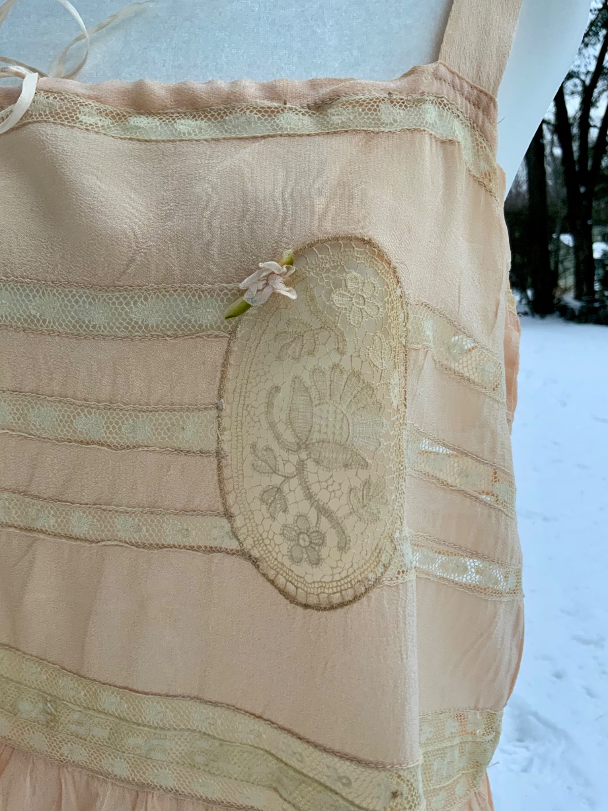 Circa 1912–1918 Blush Pink Silk Chiffon Teddy with Antique Lace – Edwardian Silk