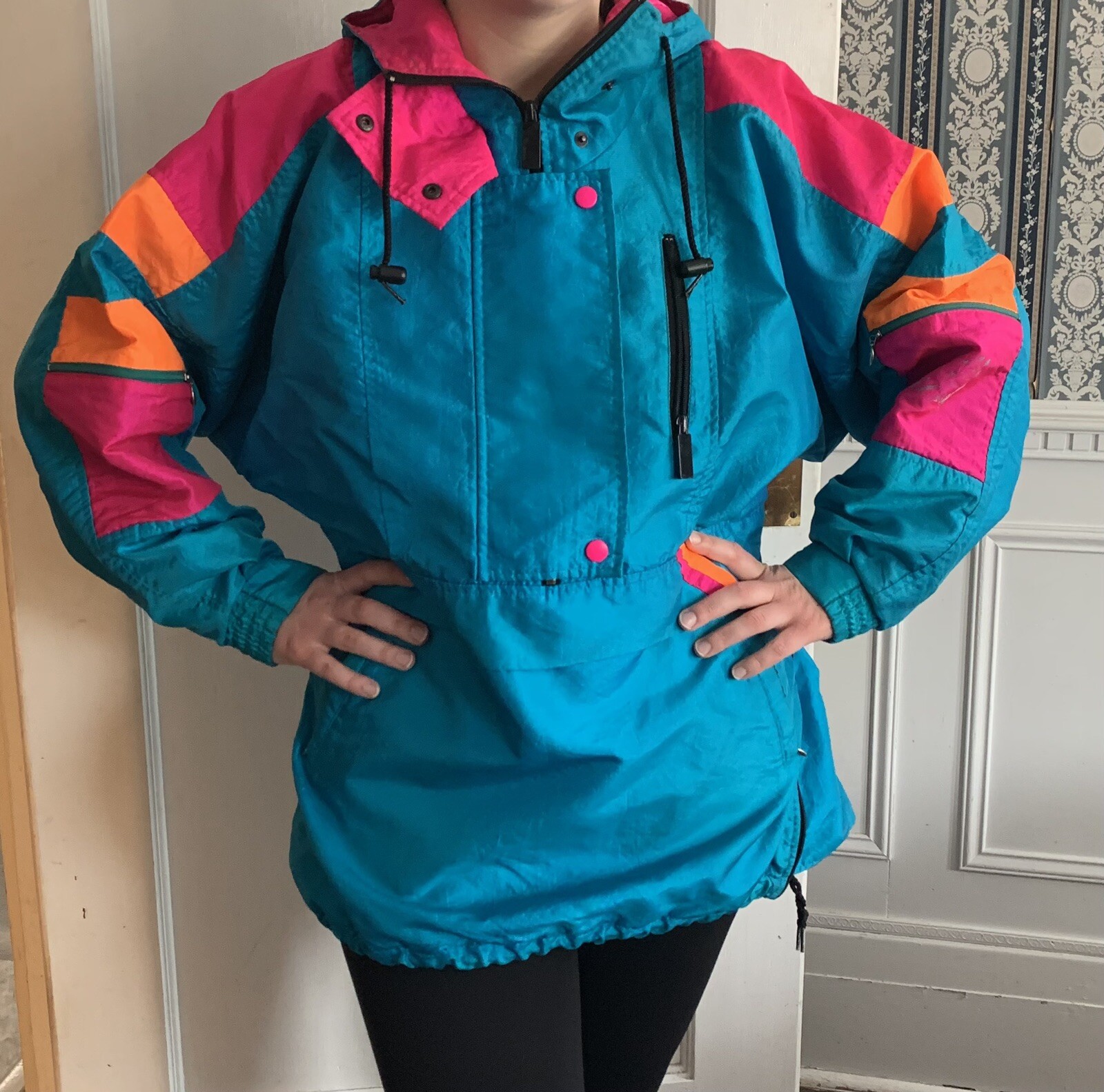 Sunbuster Performance Sports Apparel L ? Nylon Partial Zip Bright Turquoise Pnk