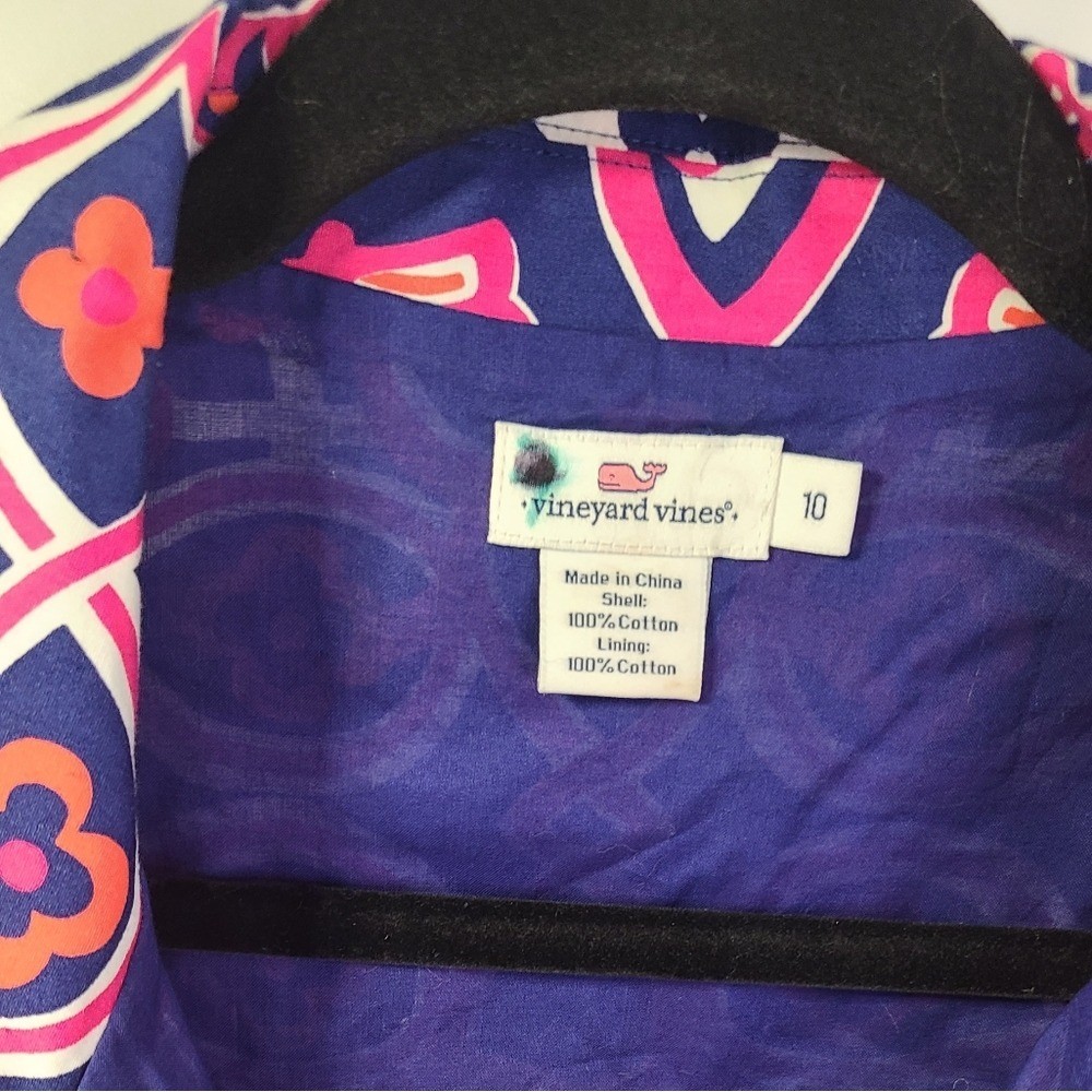 Vineyard vines pink purple white cotton v neck aztec print midi dress size 10