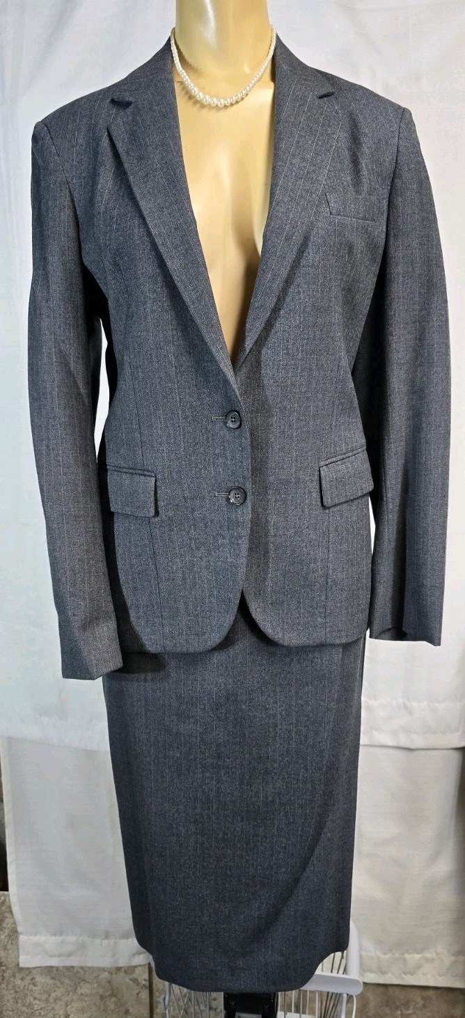 Anthony Allan Vinta Suit Skirt Jacket 2 Piece Set Grey Pink Pinstriped Sz 8 36