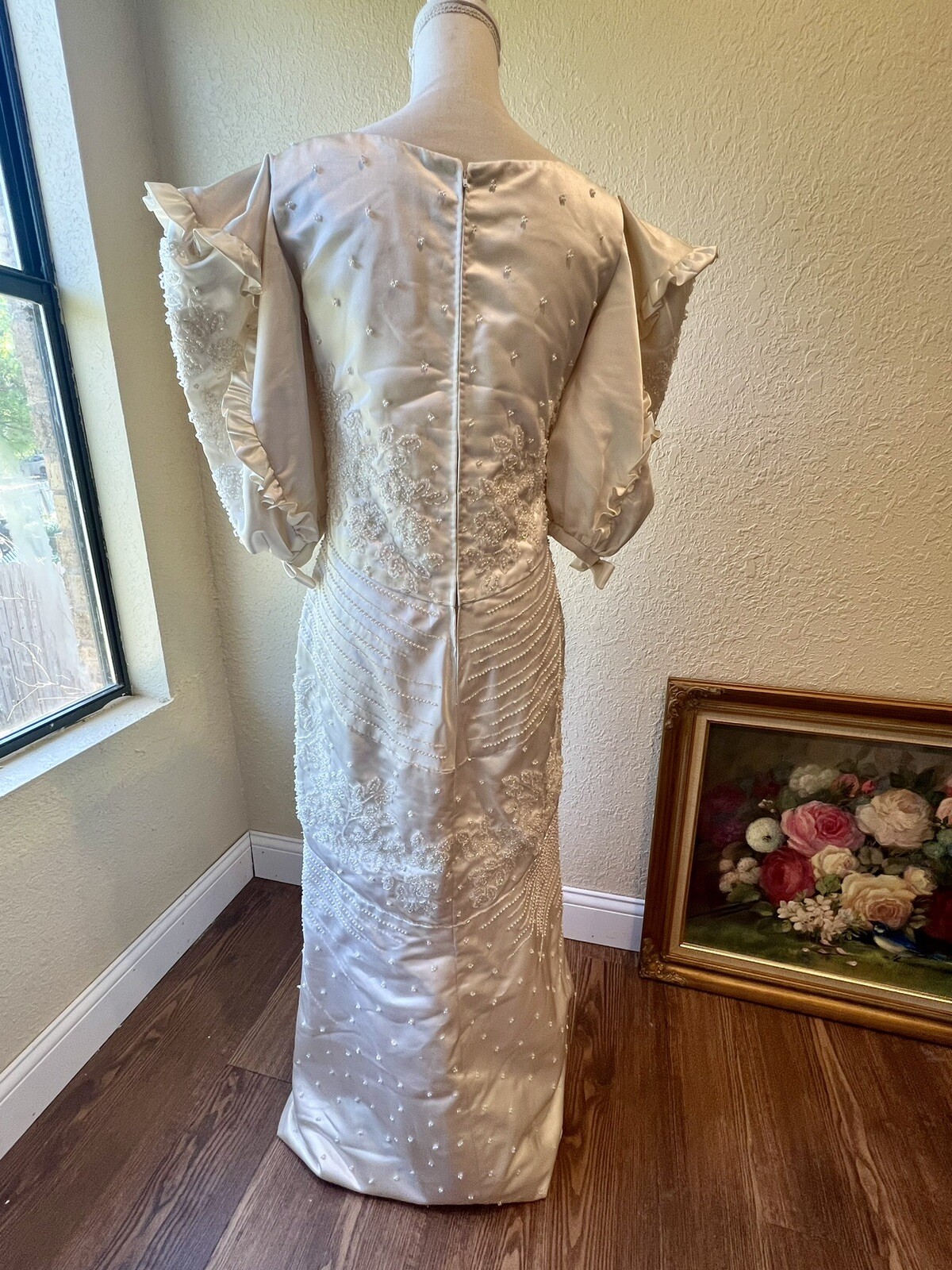 1980s Carlota Alfaro Handmade Beaded Wedding Dress Vintage Ivory Off White