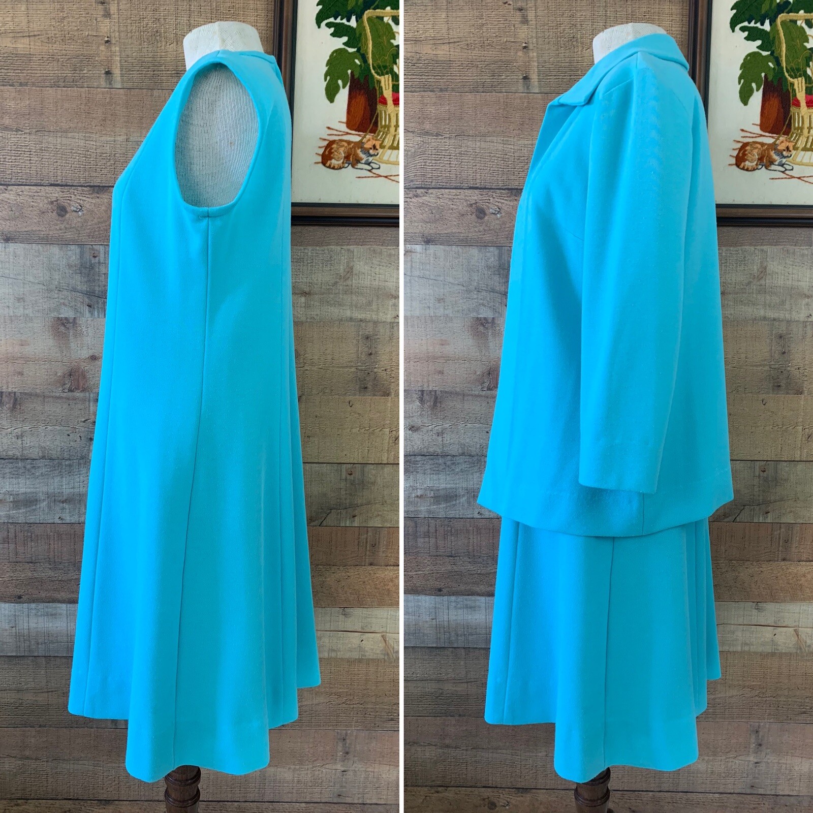 Vintage 1970s Bleeker Street Turquoise Knit Matching Dress Jacket Set Sz Large