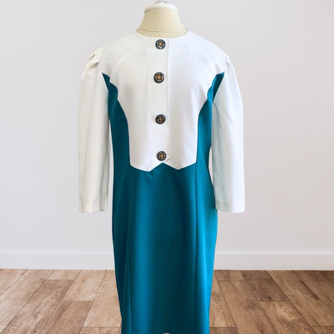 Vtg 80s Does 60s Secretary Dress Teal White Sz 16 Retro Flight Attendant Costume