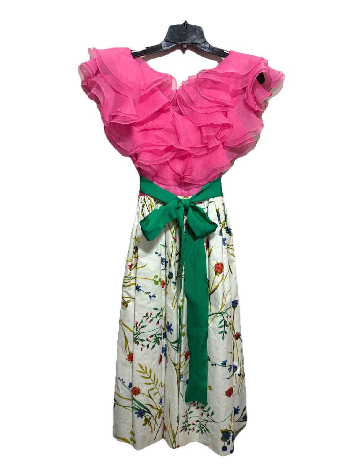 Vintage 70s William Pearson Dress Pink Green Floral Organza Ruffle Gown Sz XS/4