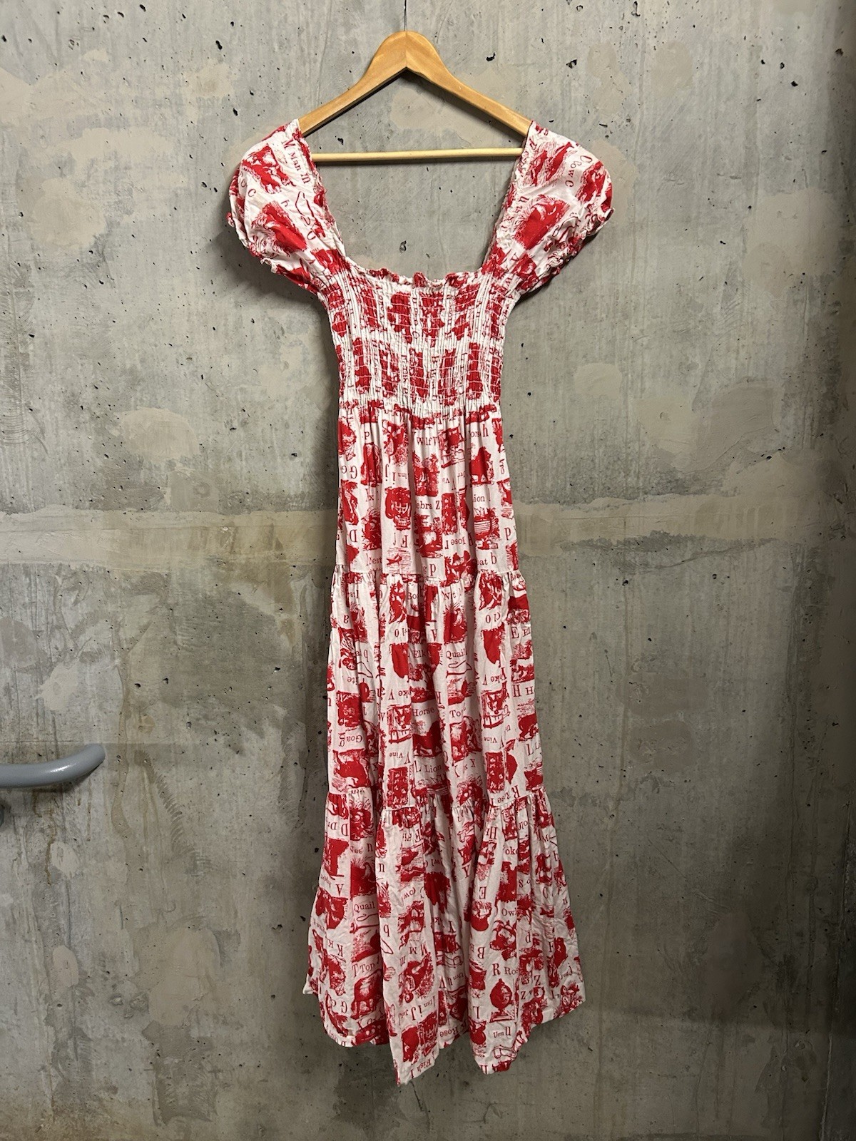 Vintage 1970’s Dress Women’s Red Novelty Animal Print Maxi Rouched Farm Prarie