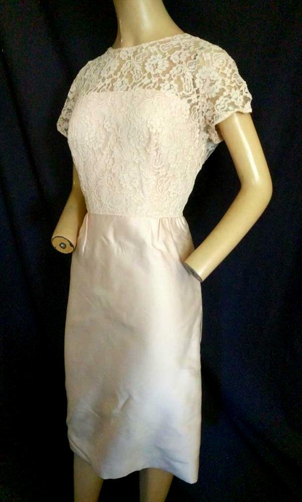 1950’s VINTAGE PINK LACE BODICE SLIM DRESS METAL ZIPPER-36″ BUST