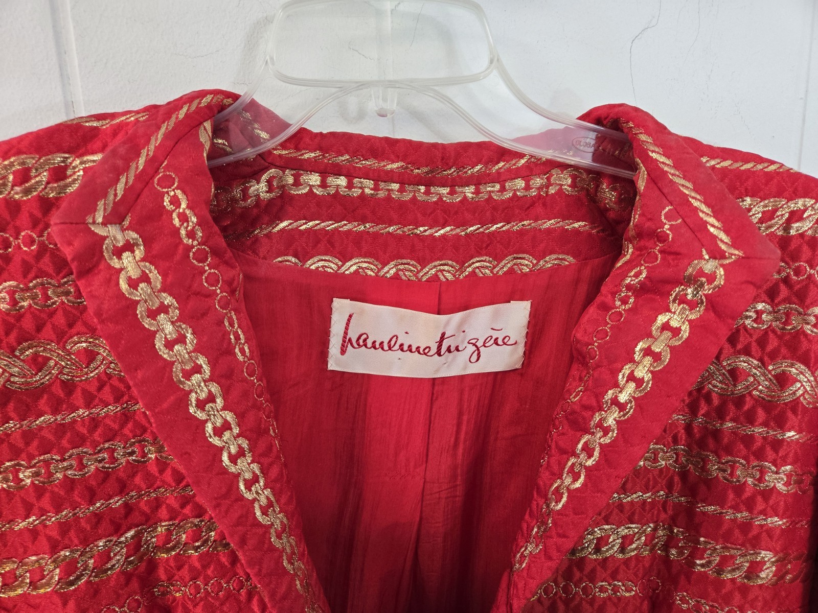 Pauline Trigere Vintage Suit Red & Gold Brocade Quilted Satin Jacket Skirt Saks