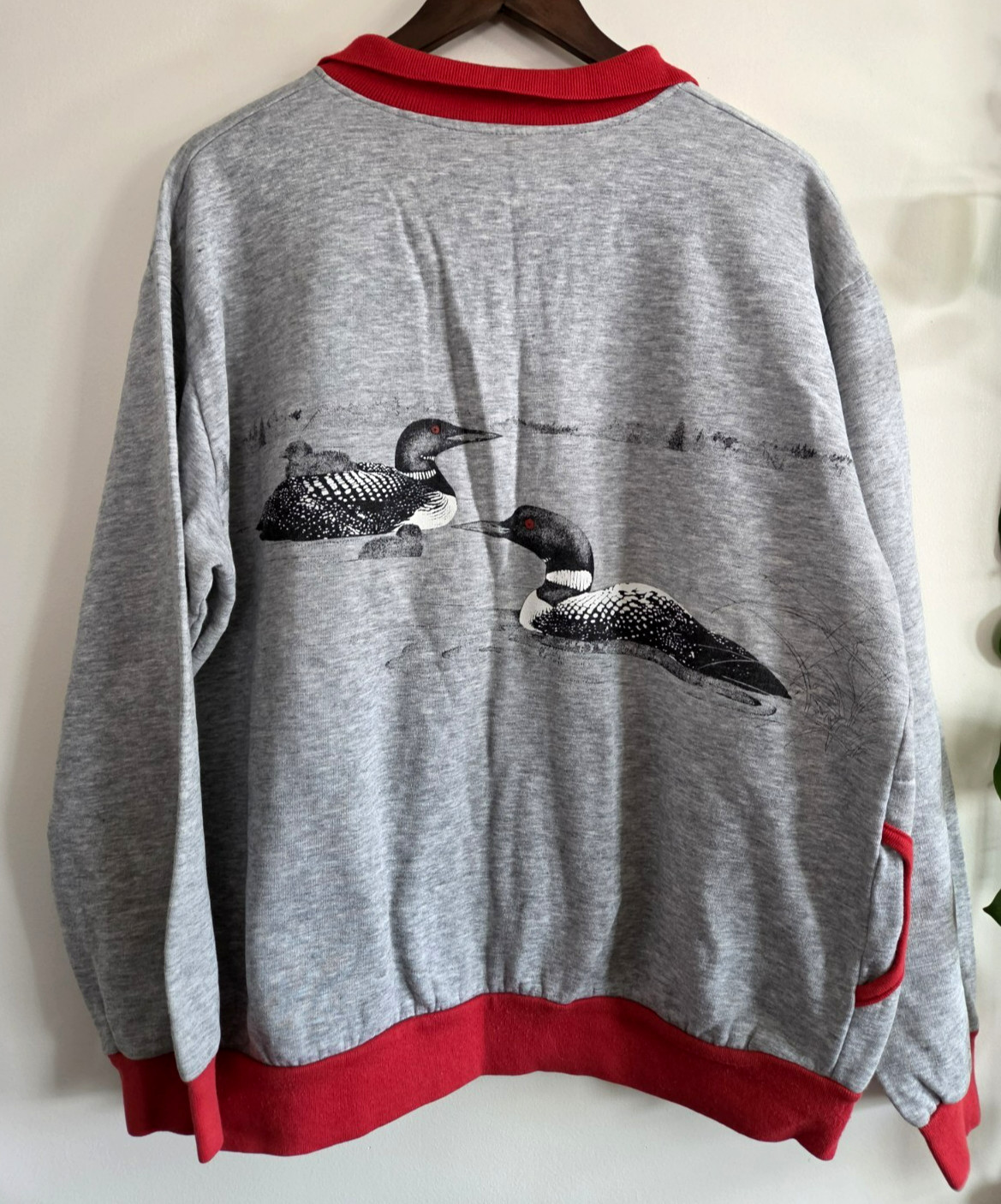 Vintage Loons Sweatshirt Gray Red Cuffs Collar Inlet Bay Made In USA XL Womens