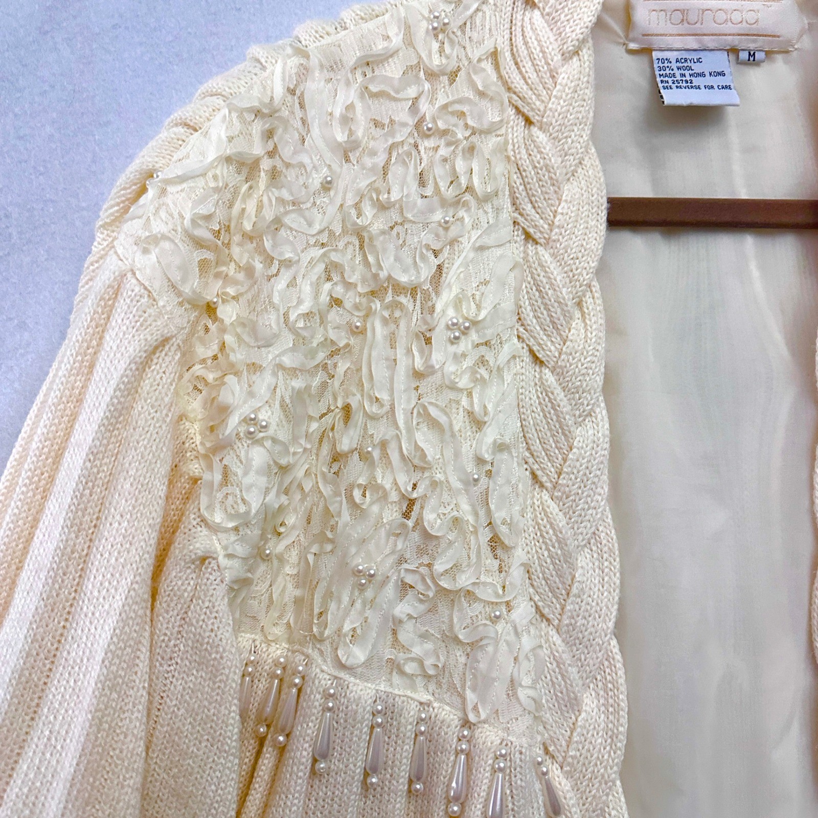 Vintage Maurada M Oversized Wool Cardigan Coat Pearl Lace Bishop Poet Rosette