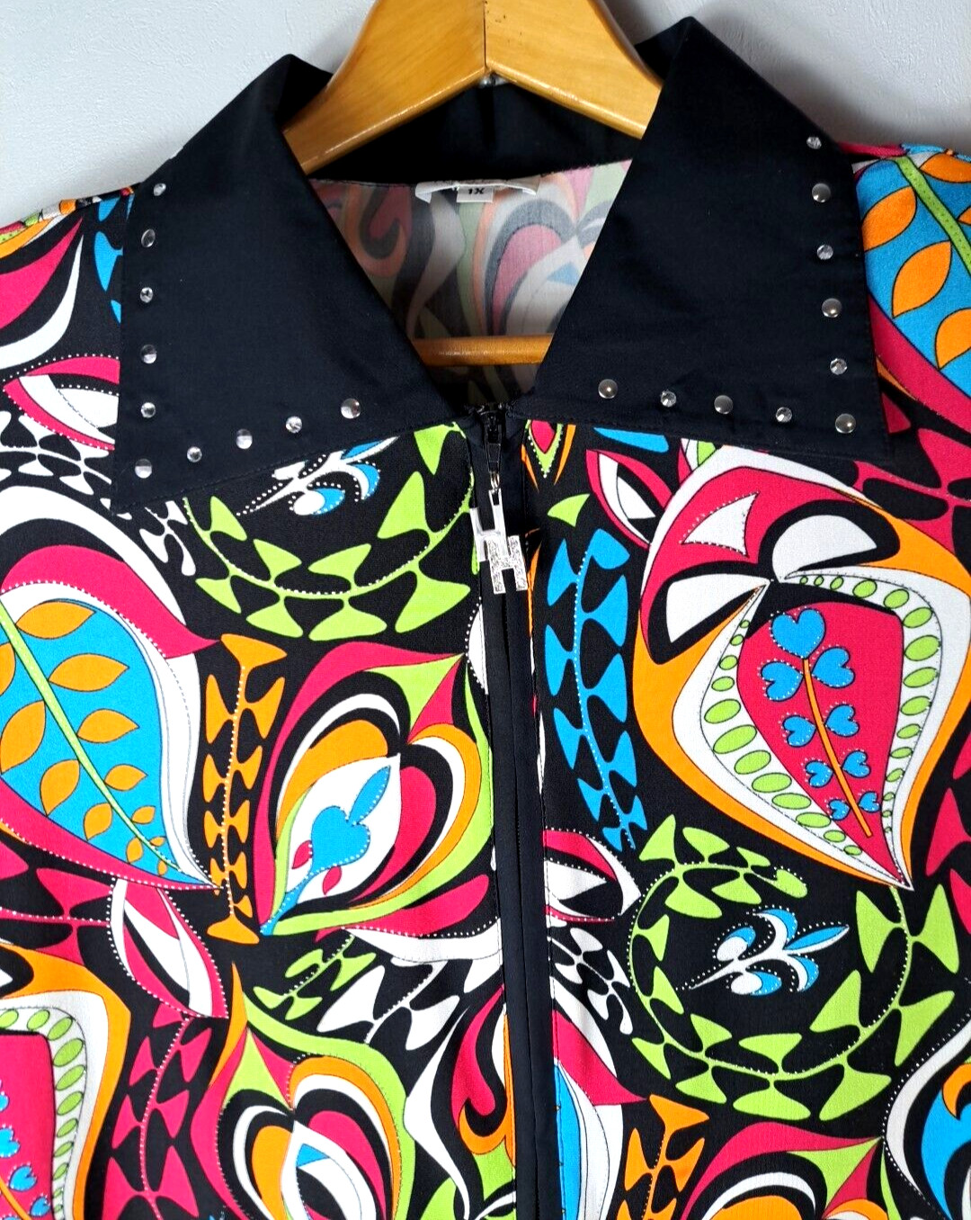 Vintage Womens Crazy Horse Jacket Metallic Colorful Abstract Embellished XL