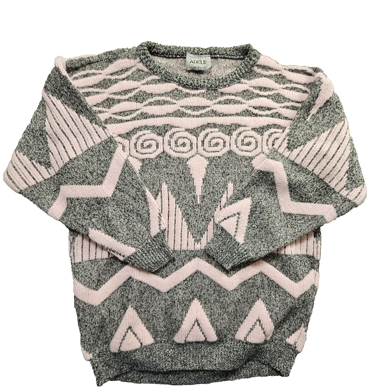VTG 80s Adele Knitwear Sweater Men M Made in the USA Chunky Geometric Retro Pink