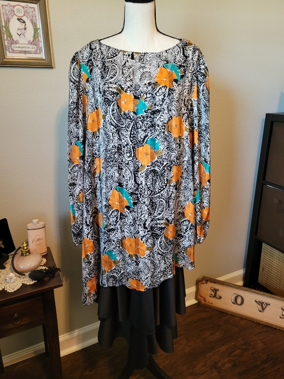 Vintage 2 Piece Black Slip Dress & Multicolor Floral Top By David Rose, Sz 20.5